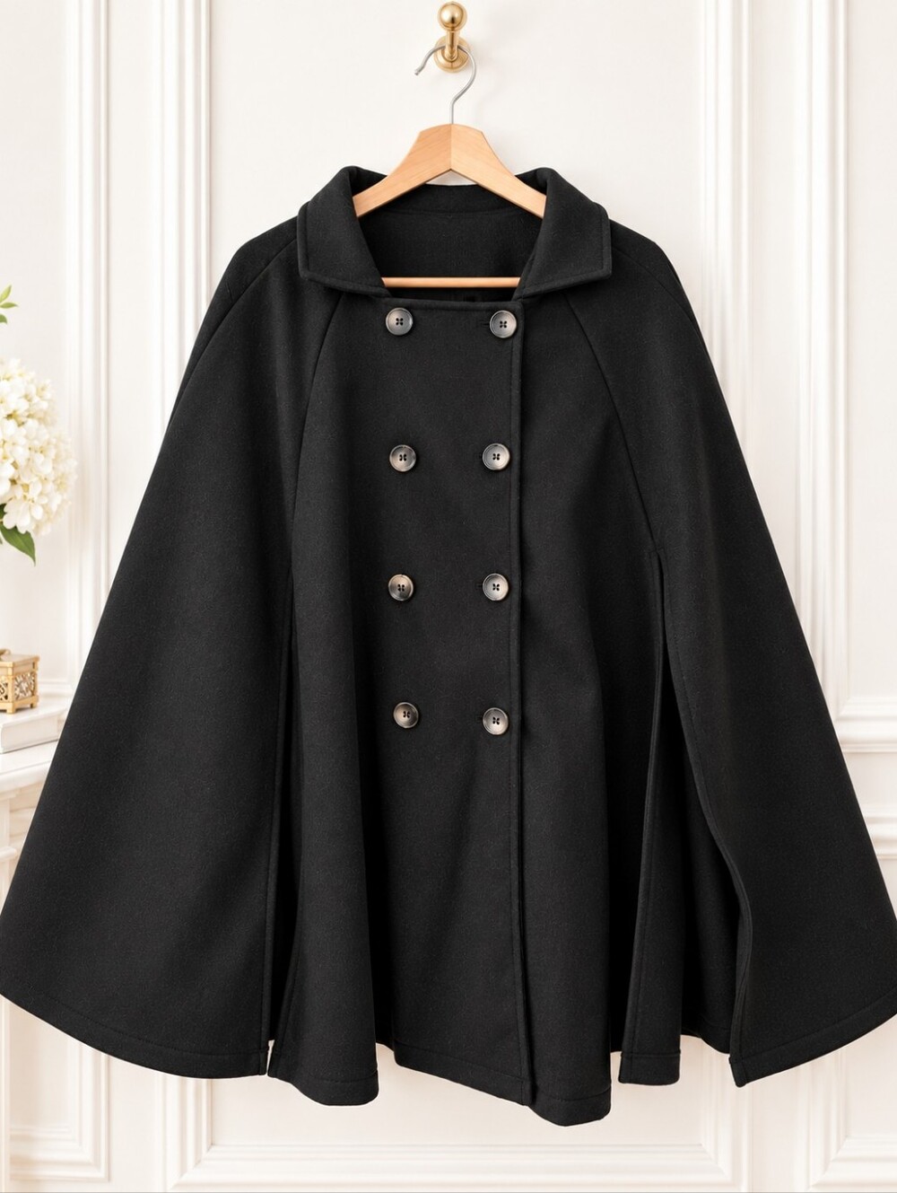 Black Double Breasted Cape Coat Poncho Quiet Luxury | Plus Size XXL - Picture 5 of 9